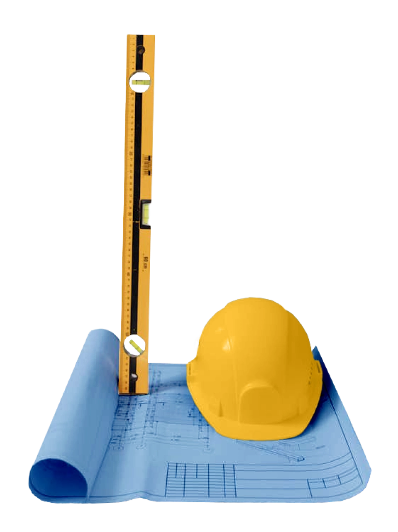 Illustrative composition of a blueprint, hard hat, and an upright level.