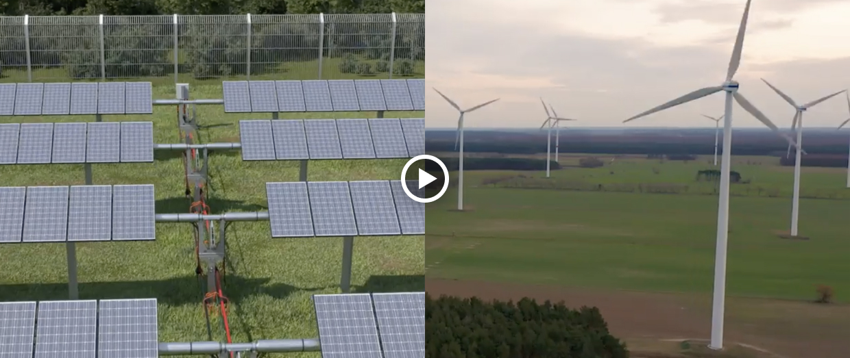 Dual image of solar panel array and wind turbines with play icon overlay.